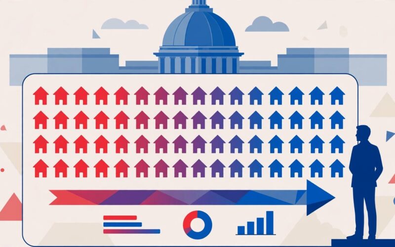 Editorial illustration of US House seats shifting on an election forecast board