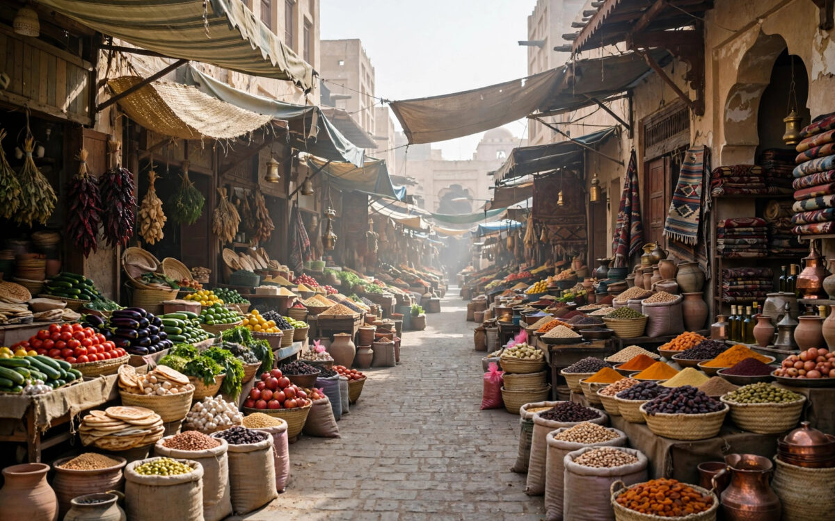 A busy Middle Eastern open-air market street at midday, after conflicting reports of airstrikes in Taiz.