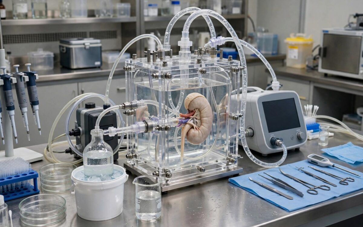 A laboratory bench with a brain-sustaining research machine, no people.