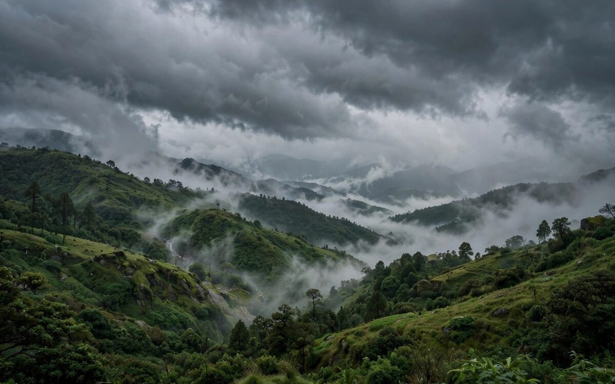 Heavy monsoon rain clouds over green Himalayan foothills with mist in valleys