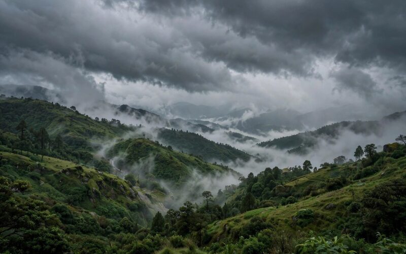 Heavy monsoon rain clouds over green Himalayan foothills with mist in valleys