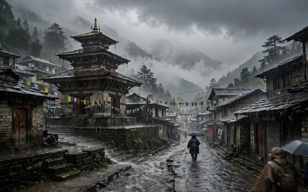 Rain-soaked Himalayan temple town with mist and dark clouds