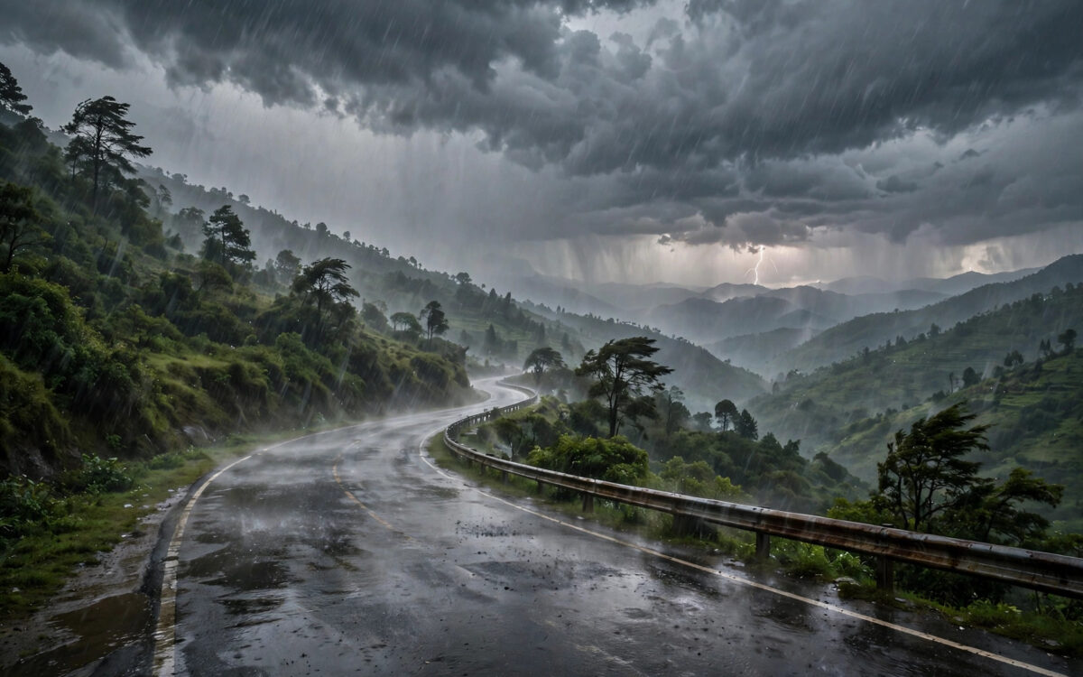 Monsoon clouds over the Himalayan foothills with heavy rain sheets sweeping across an empty highway.