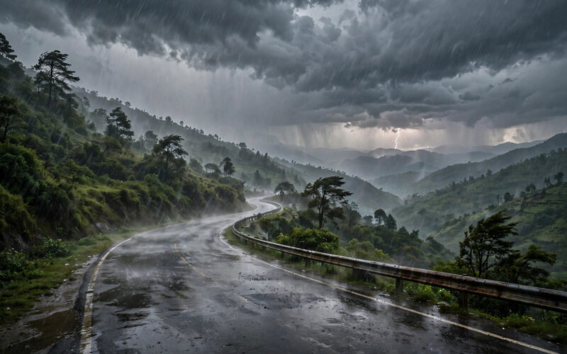 Monsoon clouds over the Himalayan foothills with heavy rain sheets sweeping across an empty highway.