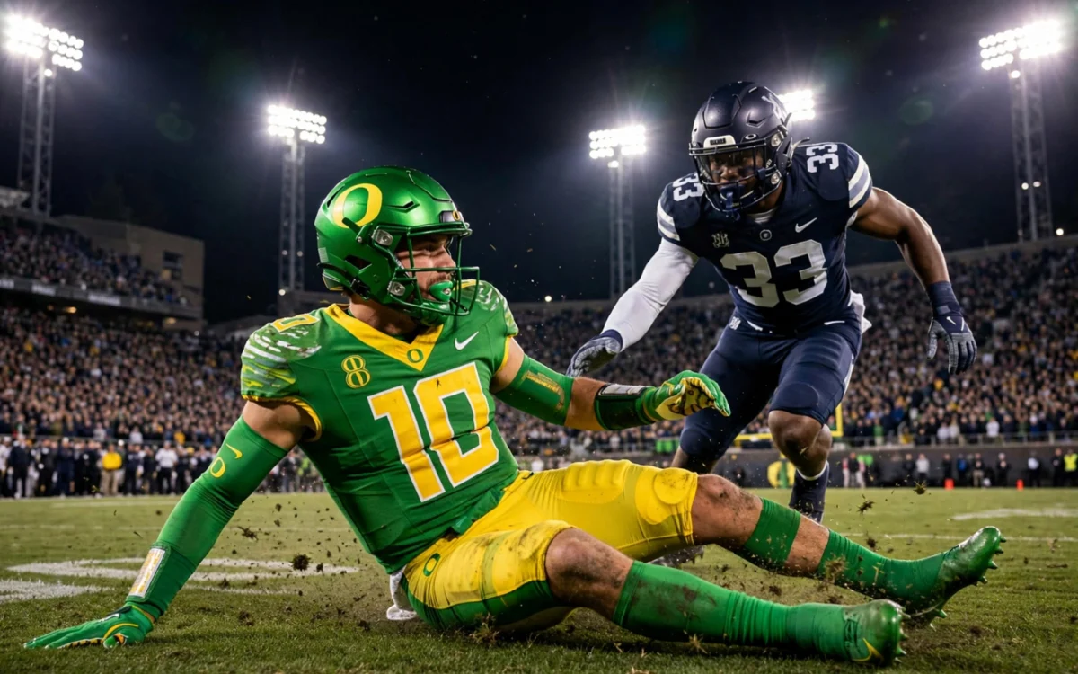 Oregon quarterback sliding during a night game against USC