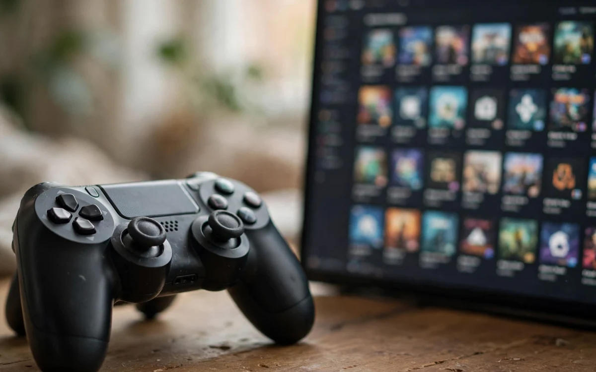 Video game controller next to a digital game library on screen