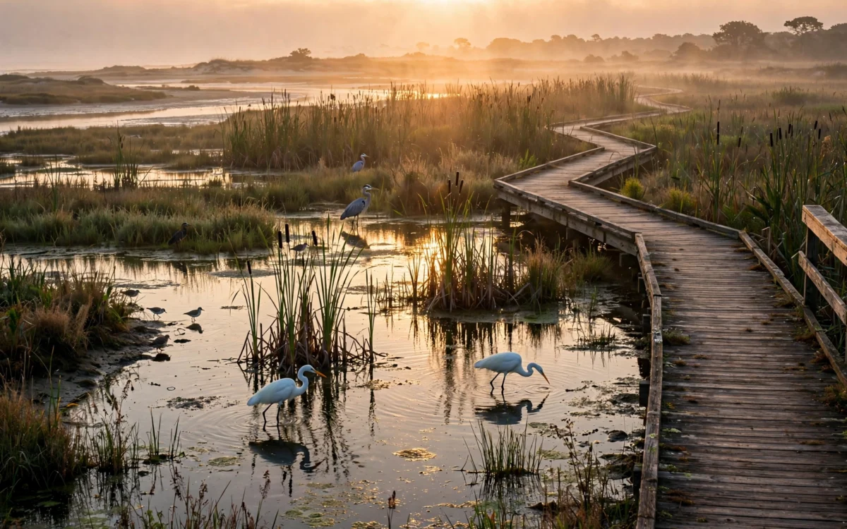Wetland nature reserve with wading birds at sunrise