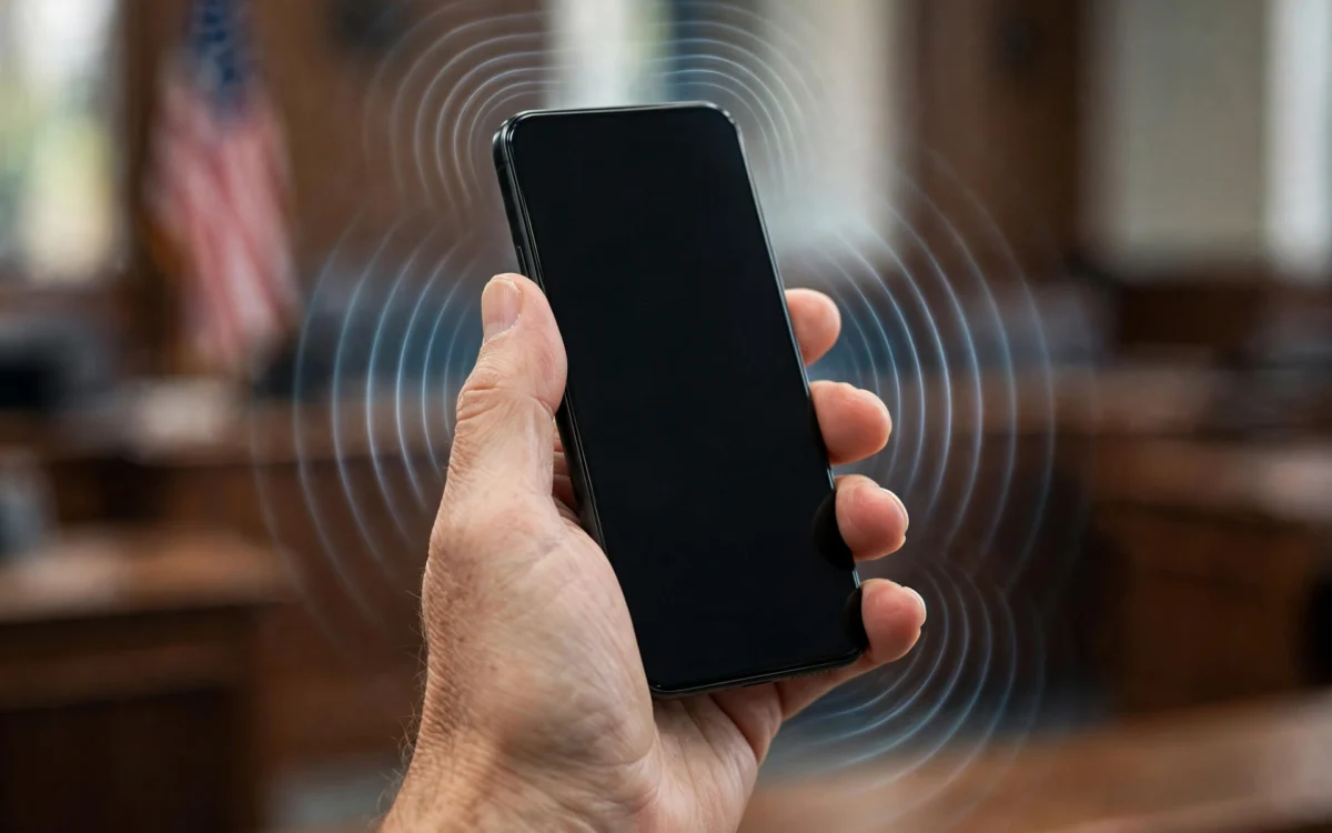 Hand holding a smartphone with vibration waves