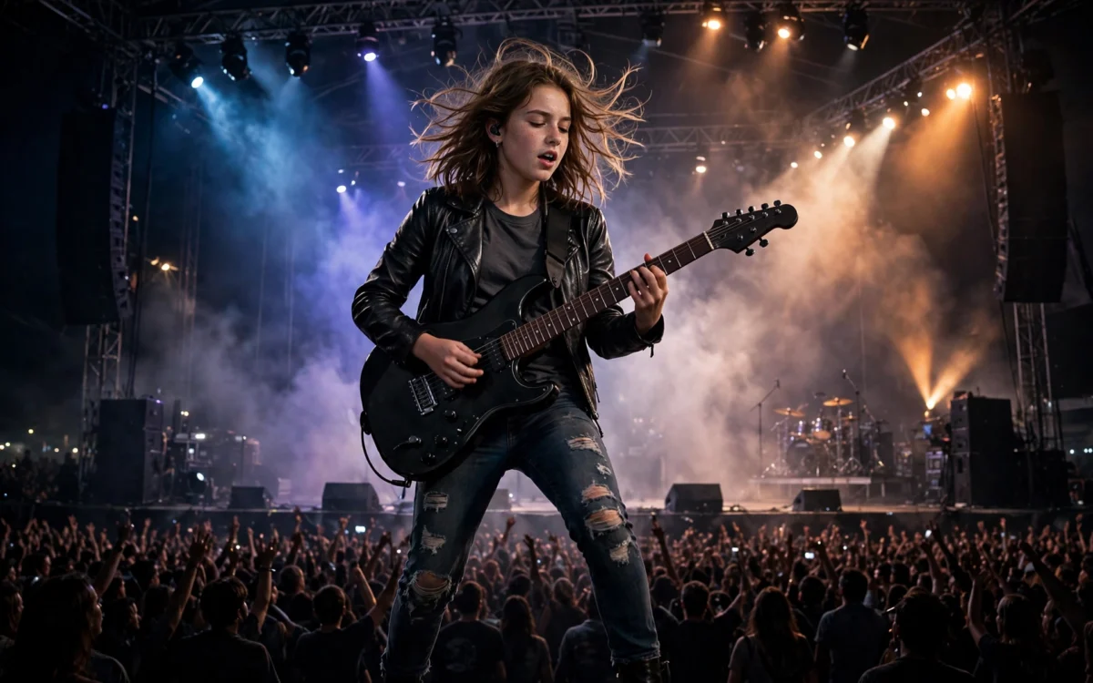 Nene Royal performing on stage with electric guitar