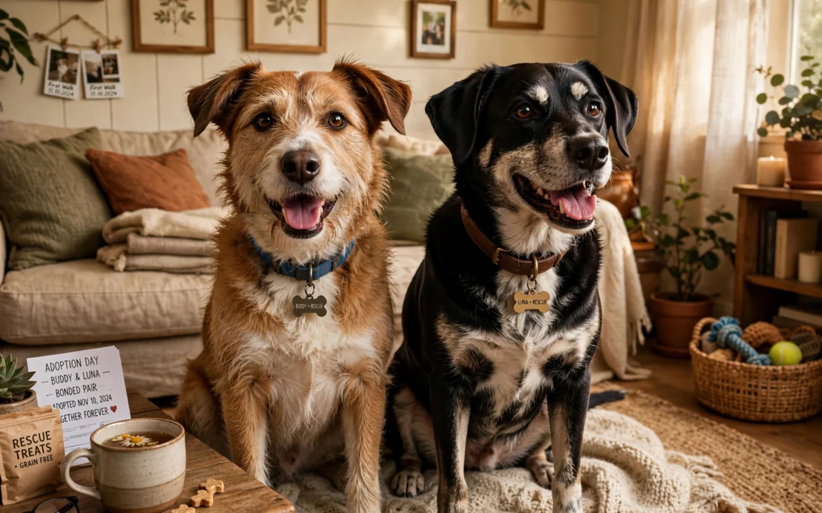 Two rescued dogs sitting together in their new forever home