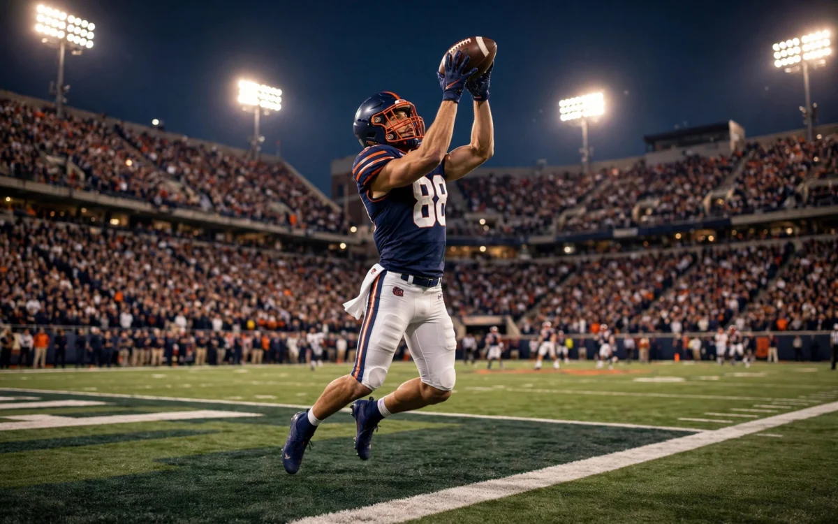 College football receiver catching a touchdown pass in a packed stadium