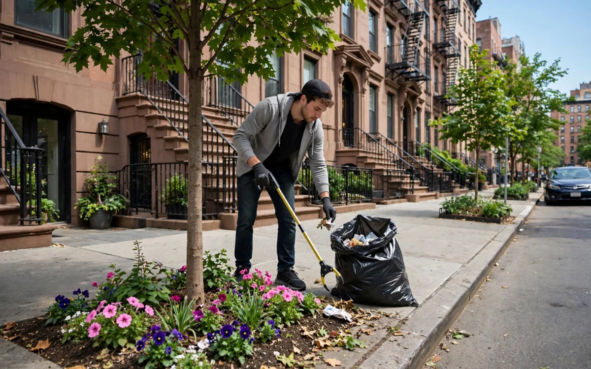 Young man cleaning a New York City sidewalk with a trash grabber
