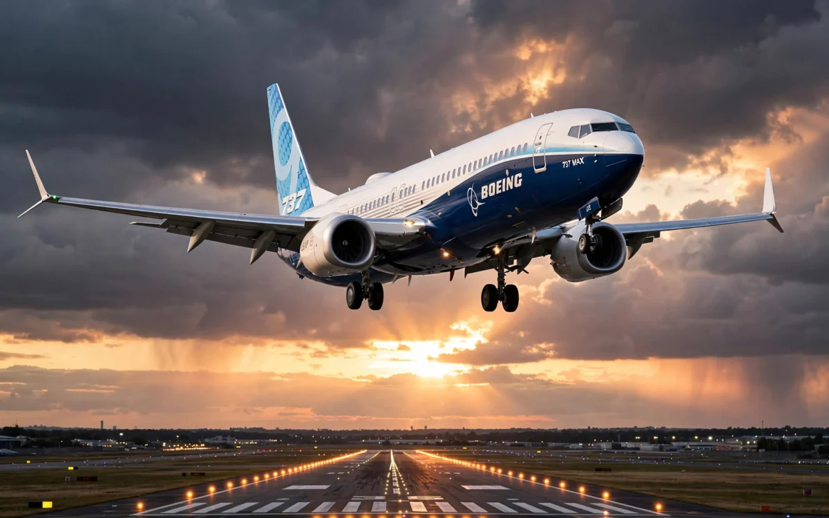 Boeing 737 MAX on final approach at sunset