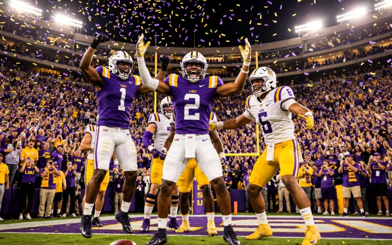 LSU players celebrating a touchdown at Tiger Stadium at night