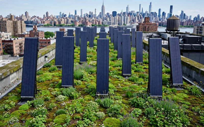 Vertical solar panels over a green roof in Queens, New York