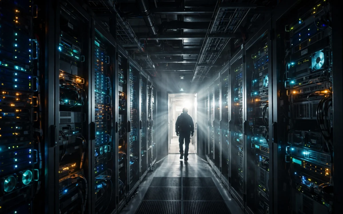 Engineer walking through an AI data center corridor