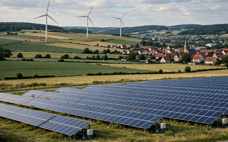 Wind turbines and solar panels in Germany as the country plans its 2045 fossil fuel exit