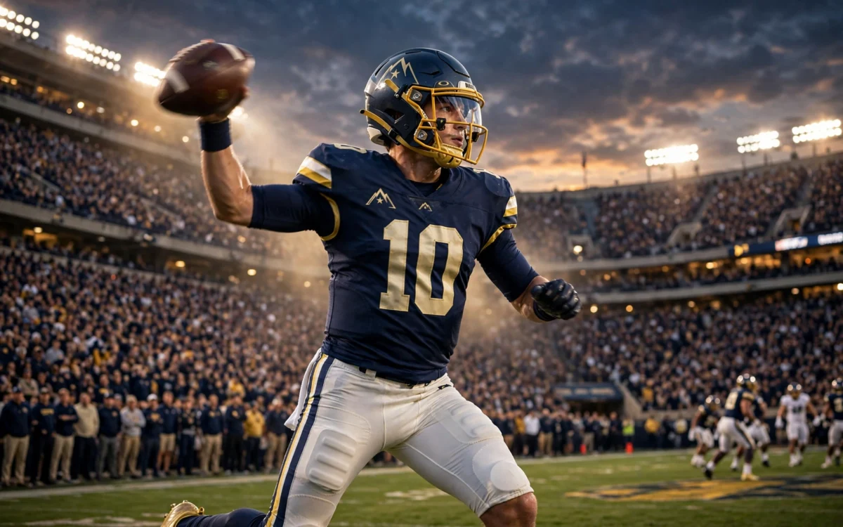 College football quarterback throwing a pass in a packed stadium