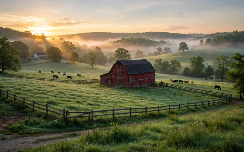 Tennessee farm with red barn at sunrise