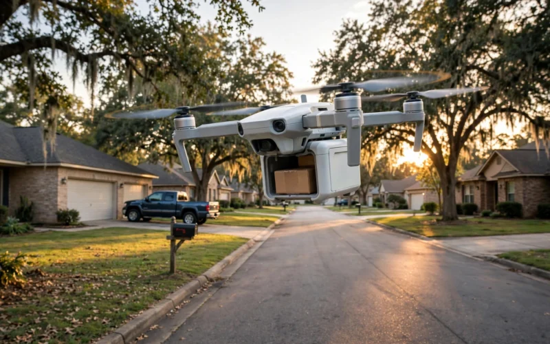 Delivery drone flying over a Texas suburban neighborhood