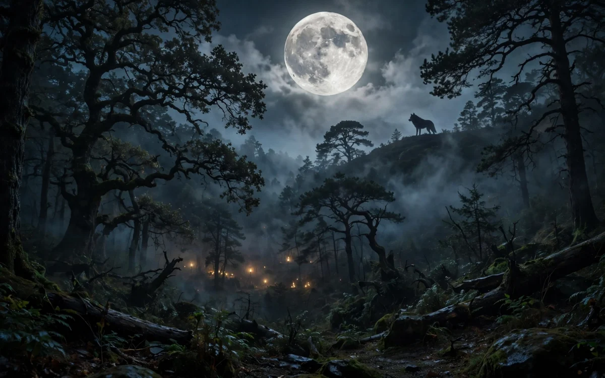 Full moon over a dark medieval forest