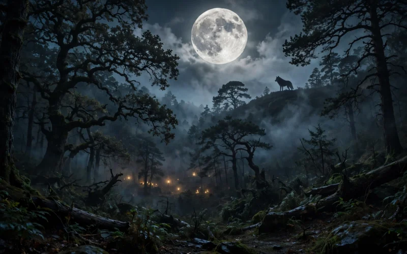 Full moon over a dark medieval forest