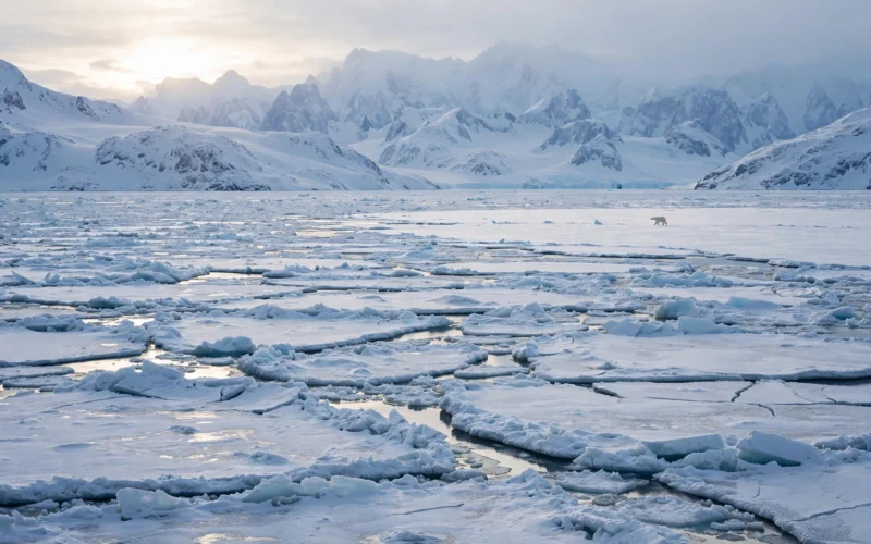 Arctic sea ice and snow-covered mountains
