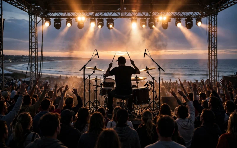 Drummer performing on stage at an outdoor festival at dusk