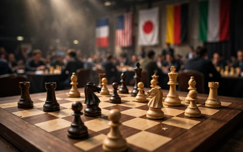 Chessboard mid-game at an international chess tournament