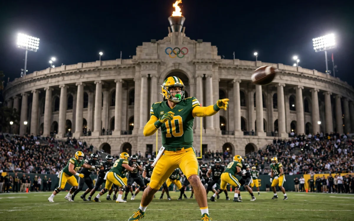 College football quarterback throwing at night in a packed stadium