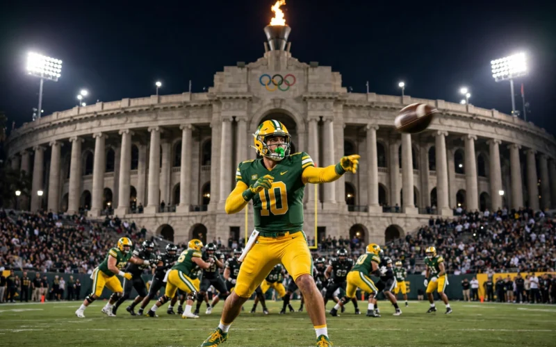 College football quarterback throwing at night in a packed stadium