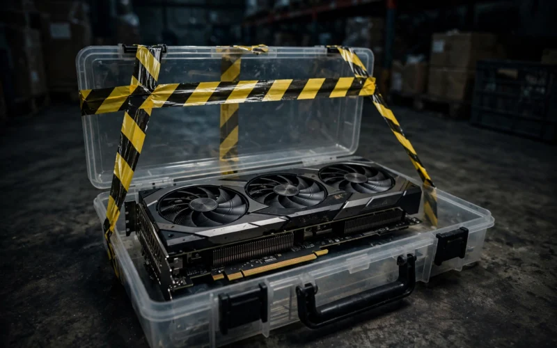 Seized graphics card in a customs evidence box