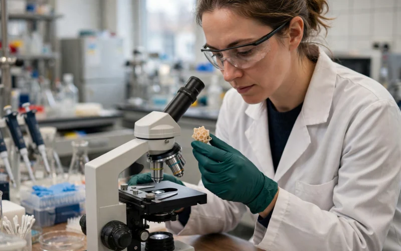 Scientist in lab holding a small medical device over a microscope