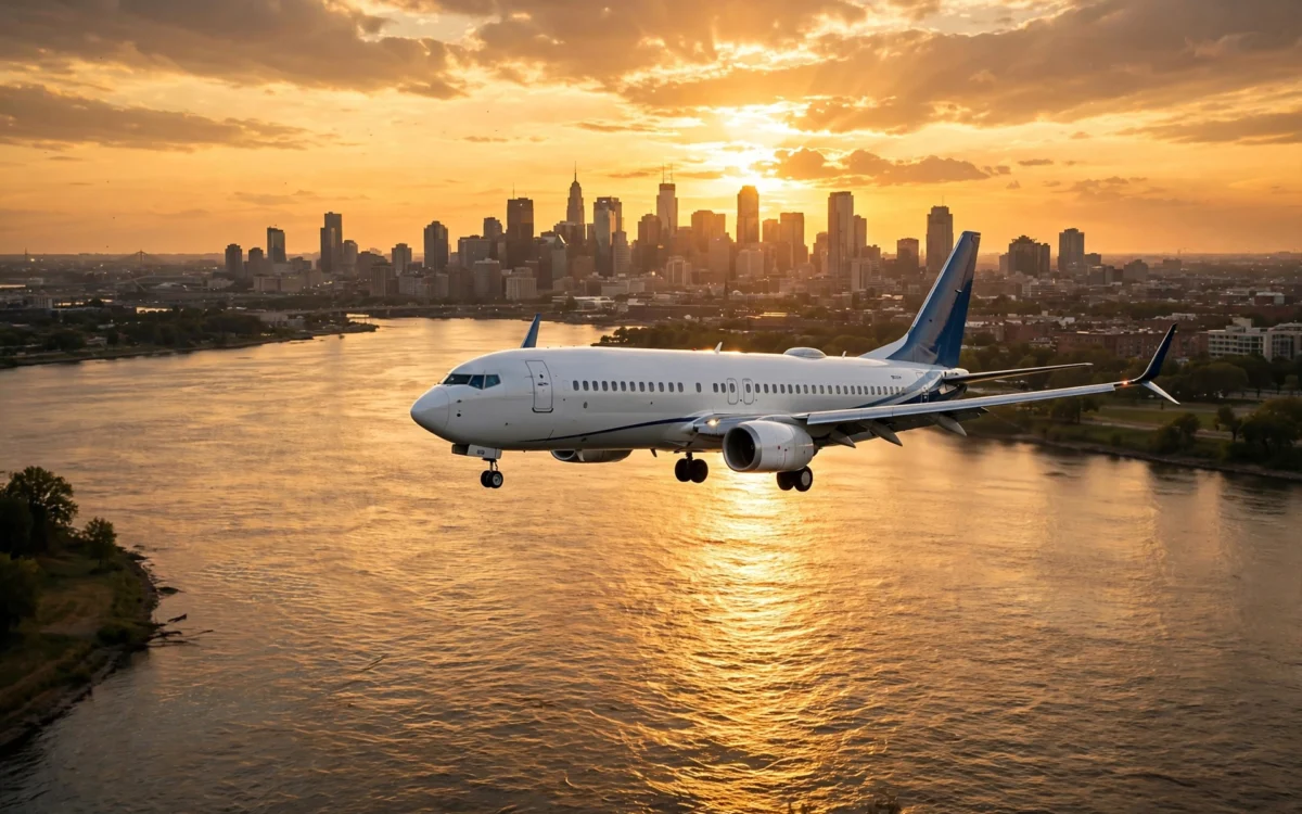 Airplane over the Hudson River at sunset