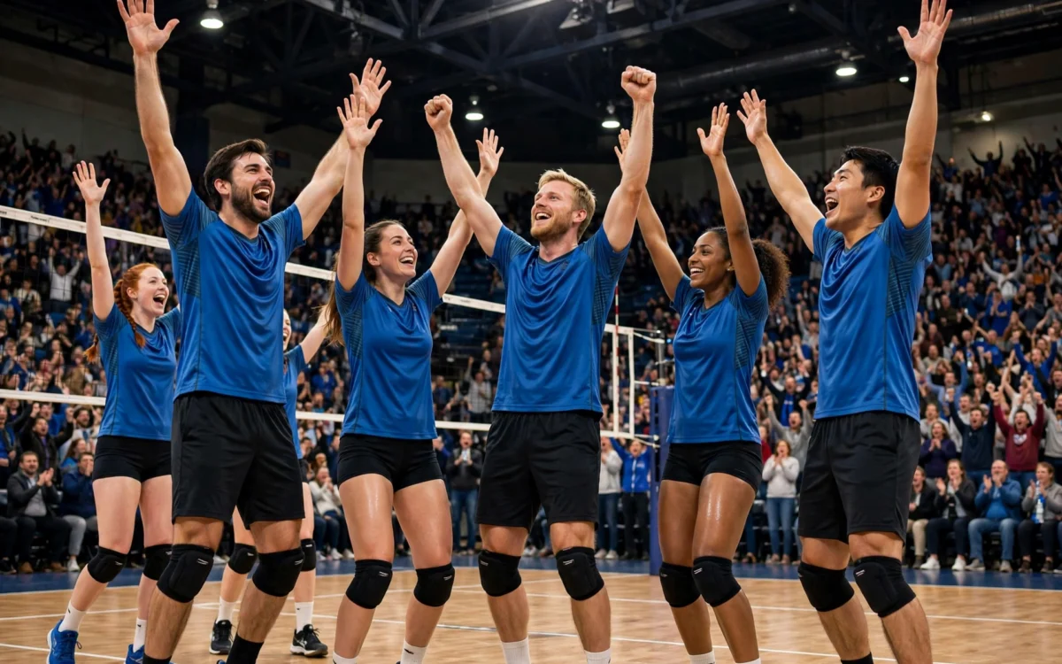 Volleyball players celebrating a win