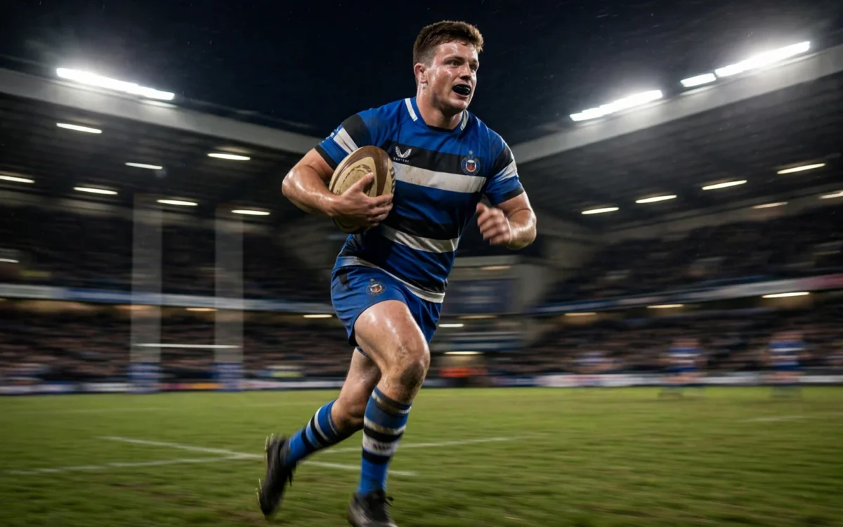 Bath rugby player sprinting with the ball under floodlights at The Stoop