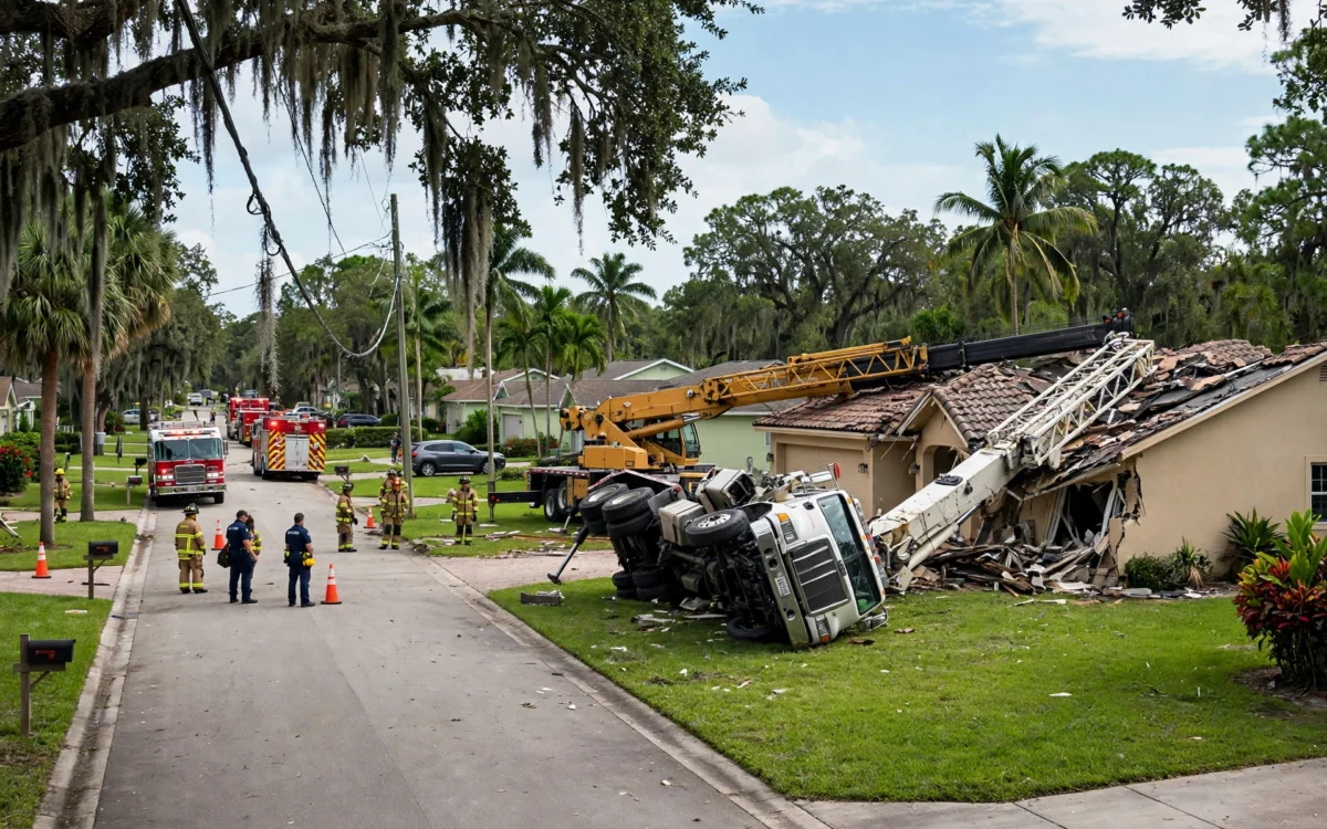 Two toppled cranes leaning against a damaged Fort Lauderdale home