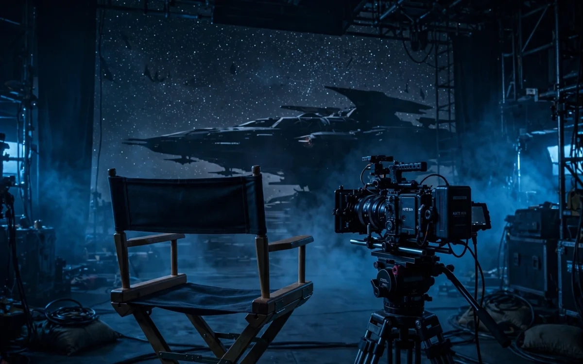 Sci-fi movie set with director's chair and starfield backdrop