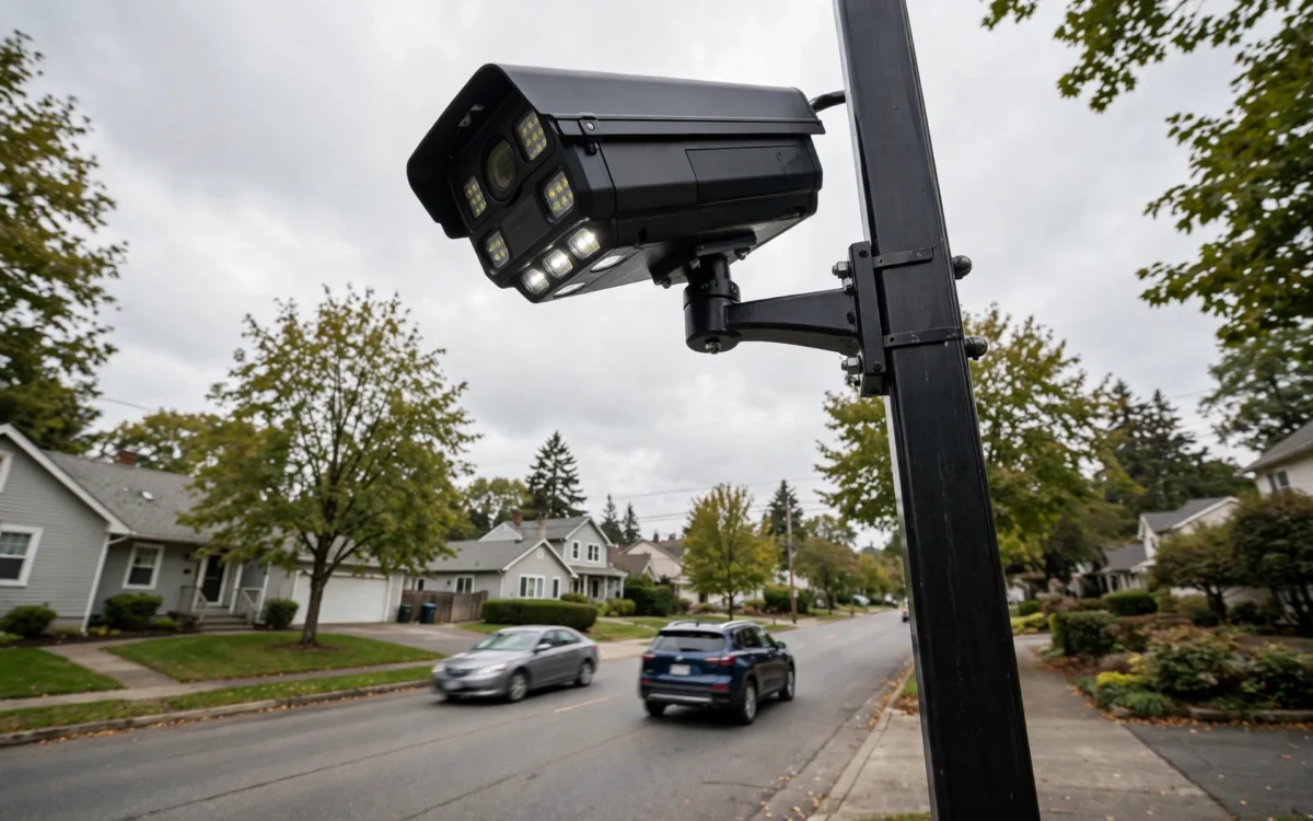Flock Safety license plate reader camera on a street pole