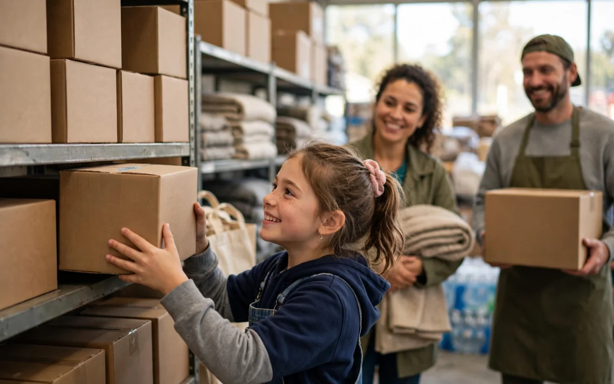 Young girl stocking diaper donations at a Phoenix charity
