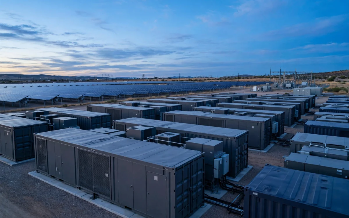 Grid-scale battery energy storage facility at a solar farm