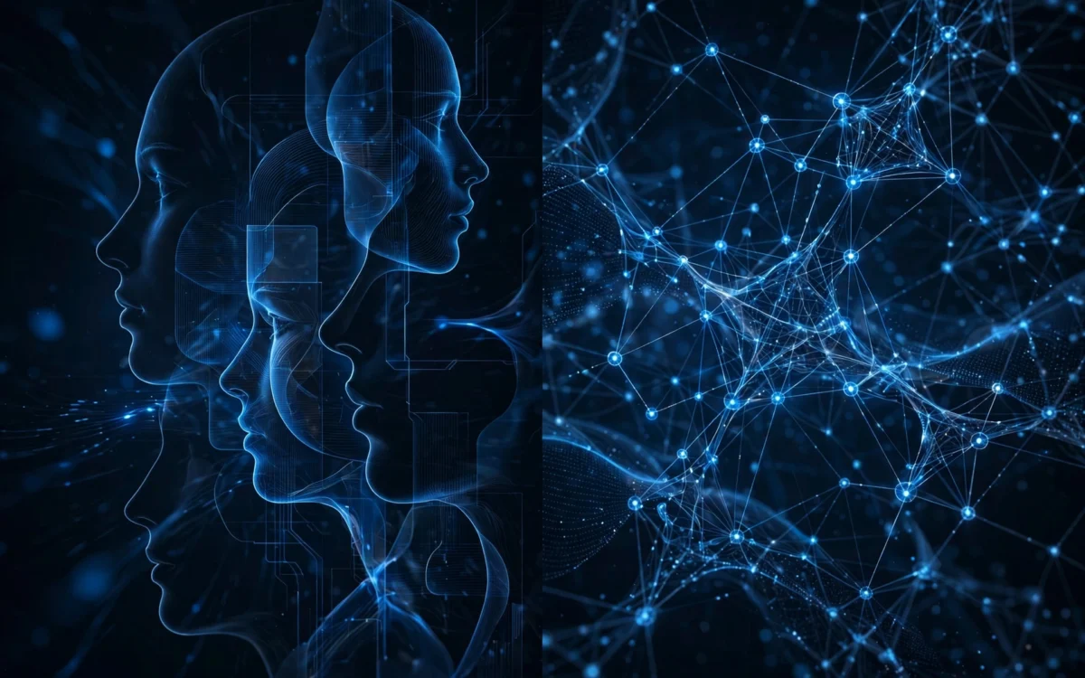 Abstract face silhouettes over an AI neural network visualization