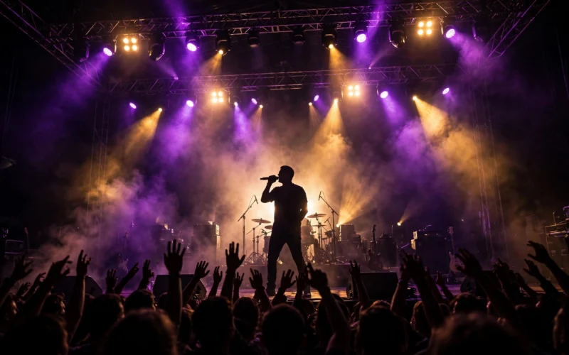 Concert stage with dramatic lighting and a silhouetted performer
