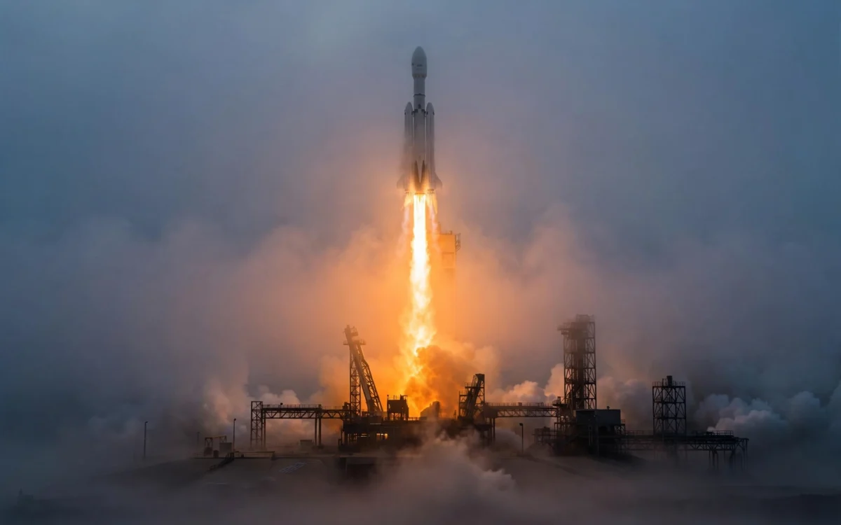 SpaceX Falcon 9 rocket launching through fog at dawn from Vandenberg