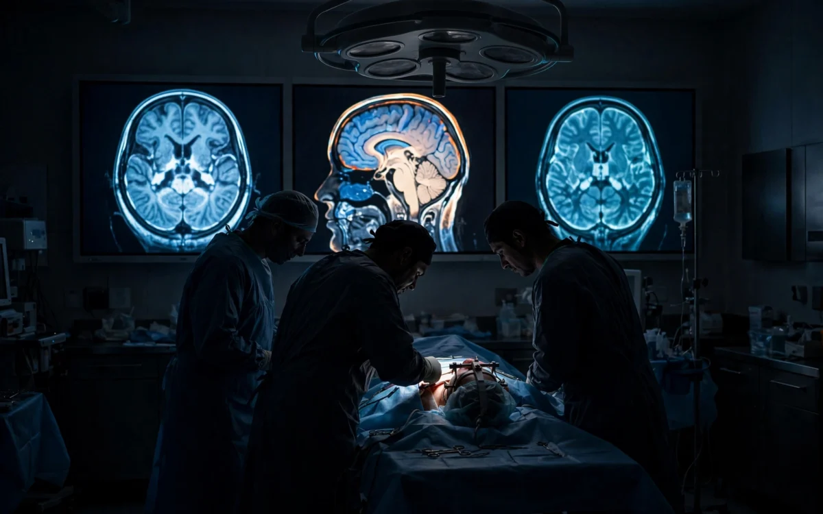 Neurosurgeons operating under bright lights with brain scan monitors