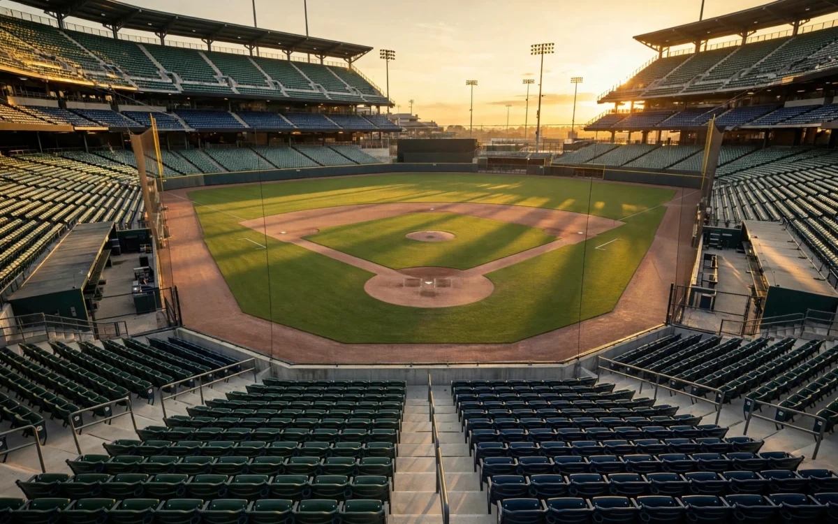 Baseball stadium field and stands at golden hour