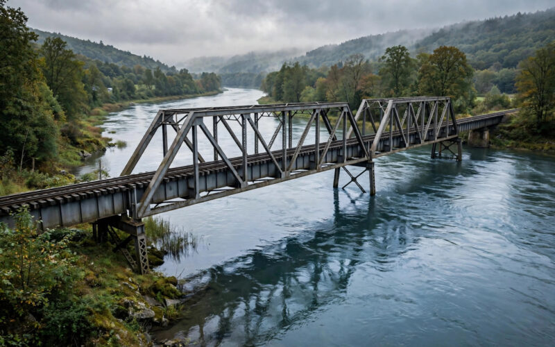 A railway bridge over a wide river.