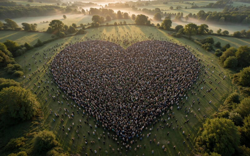 Thousands of people forming a giant human-heart shape in an open field at sunrise during the Kauvery BEATS heart-health event in Bengaluru.