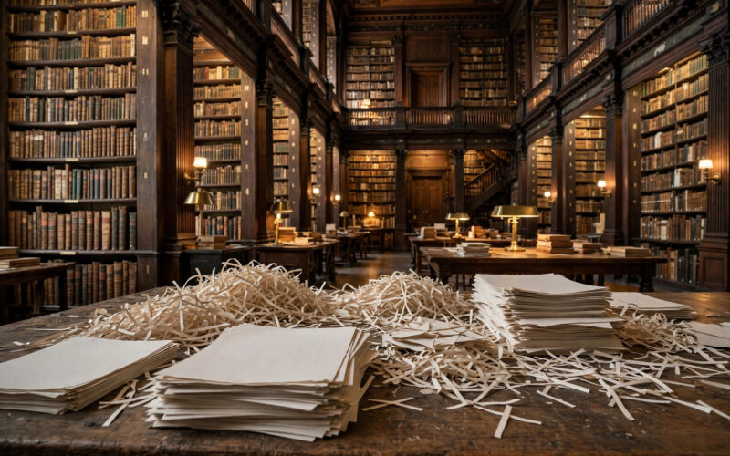 A grand library with towering bookshelves and shredded paper strips on a worktable.