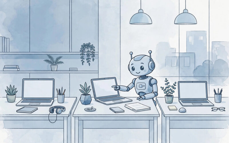 Illustration of an office desk with a laptop and a robot assistant, conveying AI and jobs